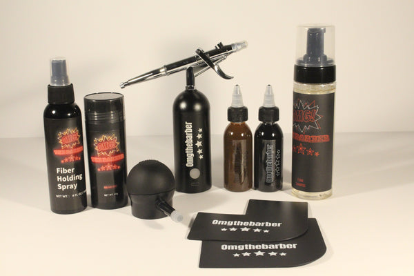 Bundle pack featuring cordless airbrush gun, black and brown enhancement dye, real hair fiber, fiber holding spray, foam shampoo, and enhancement cards.